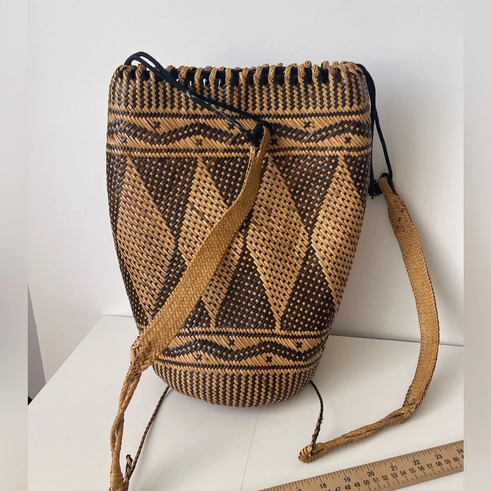 Rattan AJAT BASKET Wicker Backpack Sling Bag Argyle Pattern Woven